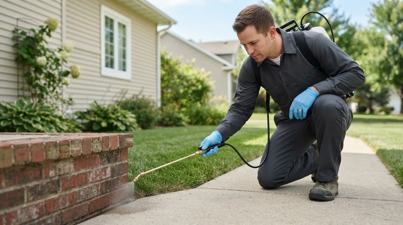 Pest control technician treating a home near Pierson, IA